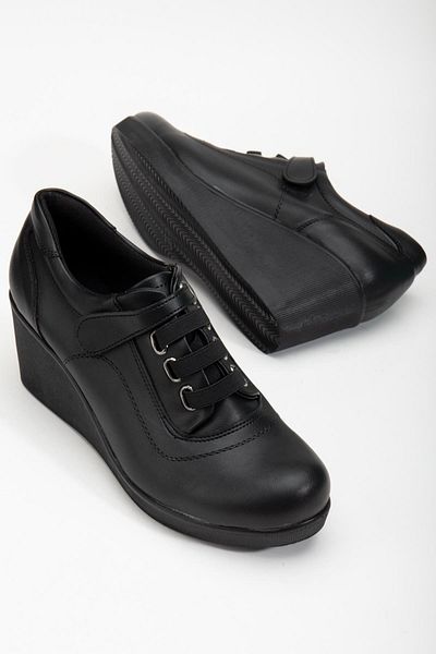 Dilimler Ayakkabı Black Women's Casual Shoes - Wedge Sole and Velcro Elastic Band