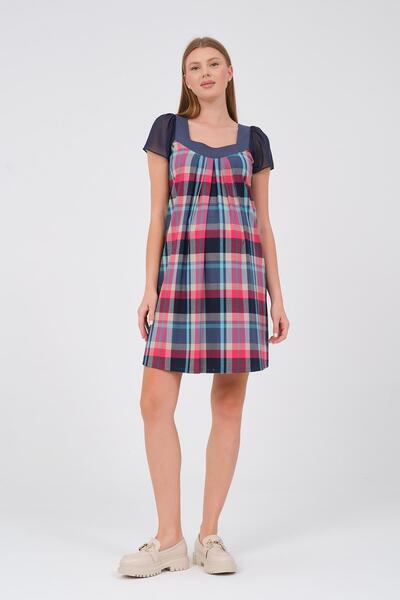 BUSA Hamile Kısa Kollu Ekose Şifon Detaylı Elbise Pembe