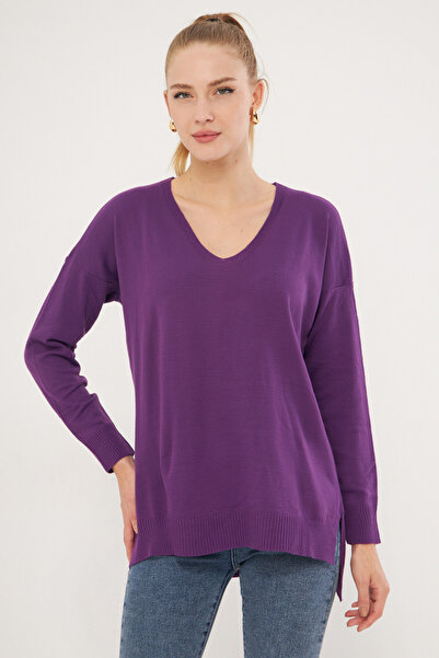 armonika Women's Purple V-Neck Front Short Rear Long Knitwear Sweater ARM-22Y012013