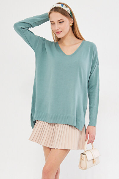 armonika Women's Turquoise V-Neck Front Short Rear Long Knitwear Sweater ARM-22Y012013