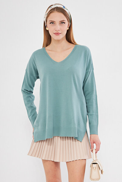 armonika Women's Turquoise V-Neck Front Short Rear Long Knitwear Sweater ARM-22Y012013