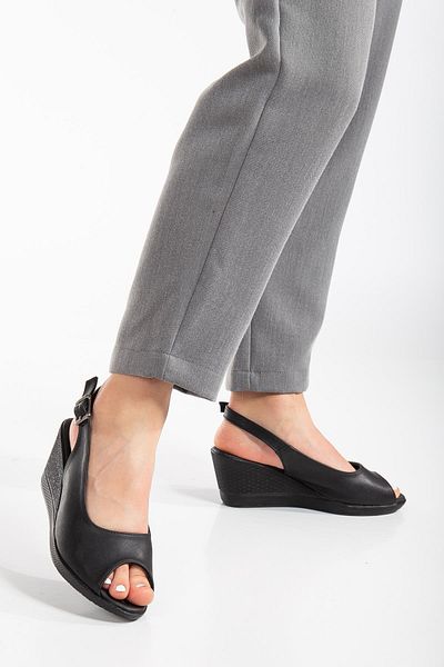 Dilimler Ayakkabı Wedge Sole Toe and Back Open Orthopedic Faux Leather Black Women's Wedge Heel Shoes