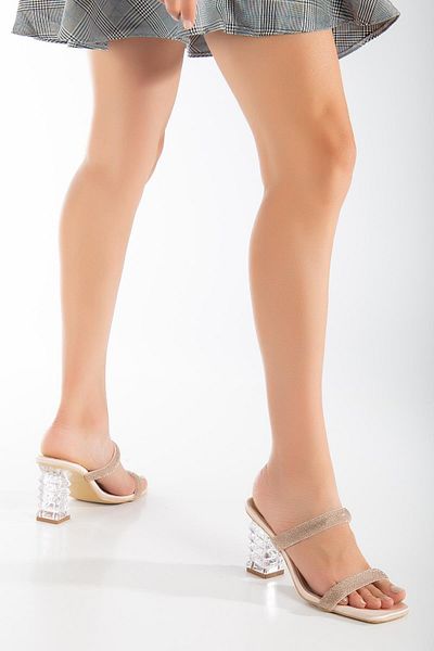 Dilimler Ayakkabı Transparent Heeled Row Stoned Rose Women's Evening Dress Slippers Shoes