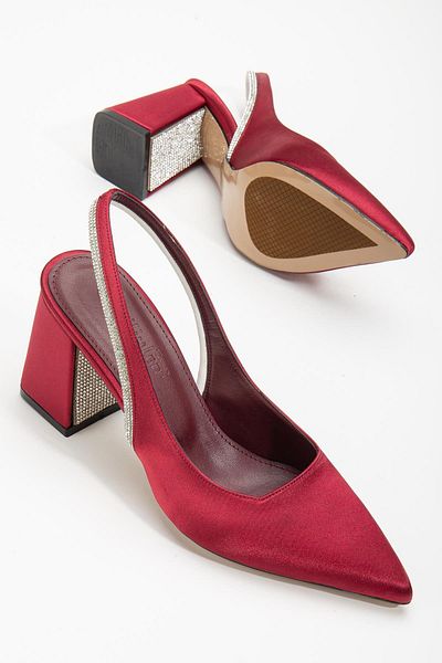 Dilimler Ayakkabı Satin Heel Stoned Burgundy Large Size Women's Shoes Heeled Evening Dress