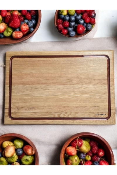 F&S WoodArt Oak Wood 39 cm Copper Red Epoxy Filler Slotted Cutting Board Pres...