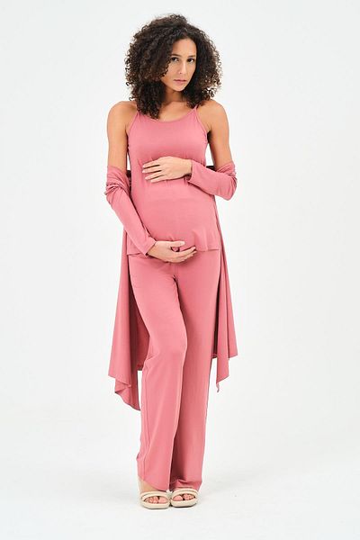 BUSA Maternity Triple Combed Set (Strapped T-shirt - Cardigan - Wide Leg Bottom) Dried Rose