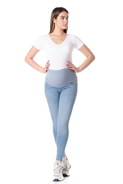 BUSA Pregnant Stretchy Abdominal Banded Waist Adjustable Skinny Jeans Light Blue