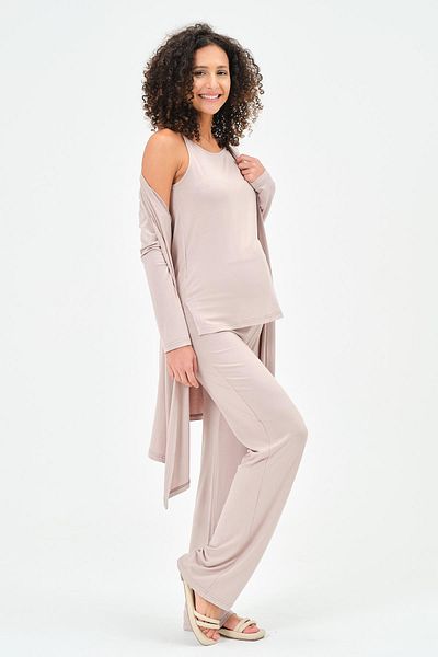 BUSA Maternity Triple Combed Set (Strapped T-shirt - Cardigan - Wide Leg Bottom) Beige