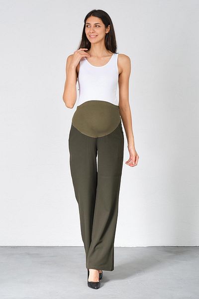 BUSA Pregnant Flexible Abdominal Banded Wide Leg Gabardine Classic Trousers Khaki