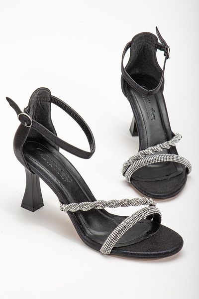 Dilimler Ayakkabı Black Women's Evening Dress Shoes with Single Band Knitted Stone Detail