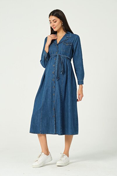 BUSA Μίντι τζιν φόρεμα εγκυμοσύνης με κουμπιά με ζώνη μπλε