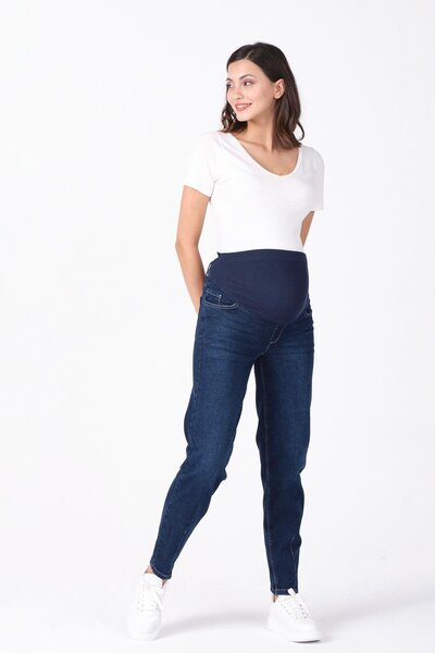 BUSA Kismama rugalmas haspántos derék állítható Mom Fit farmer nadrág sötét sötétkék