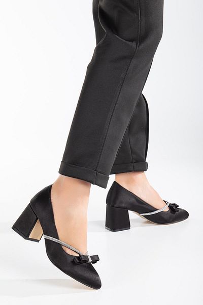 Dilimler Ayakkabı Bow Stone Detailed Satin Black Large Size Women's Shoes Heels