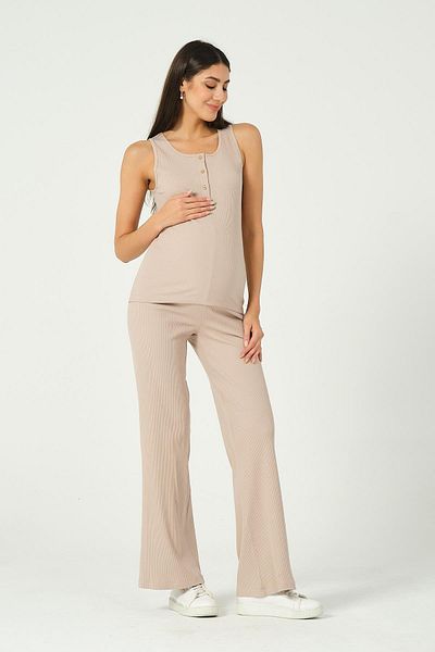 BUSA Maternity Zero Sleeve High Waist Ribbed Suit Beige
