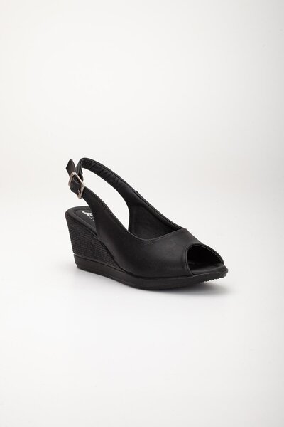 Dilimler Ayakkabı Wedge Sole Toe and Back Open Orthopedic Faux Leather Black Women's Wedge Heel Shoes