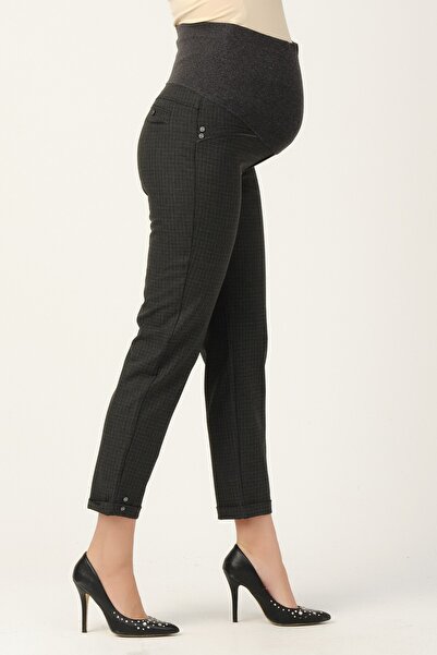BUSA Hamile Gabardin Pantolon Kare Çizgili Desen Mode Gri