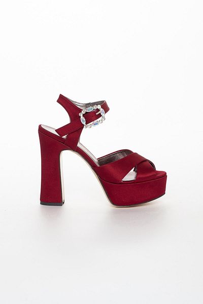 Dilimler Ayakkabı Platform Satin Stoned Burgundy Women's Heeled Evening Dress Shoes