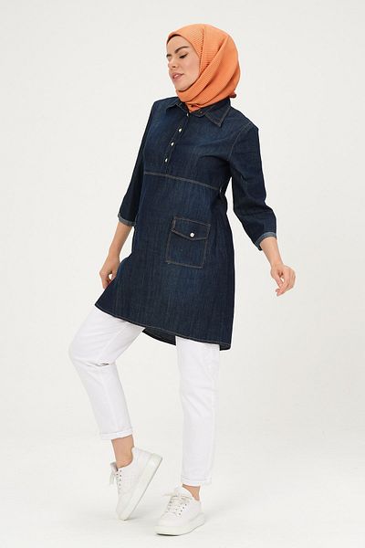 BUSA Guler cămașă de maternitate Buzunar frontal Detaliat Denim Hijab Tunica Albastru