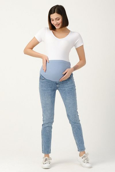 BUSA Blugi Mom Fit cu bandă abdominală elastică de maternitate, cu talie reglabilă, albastru deschis
