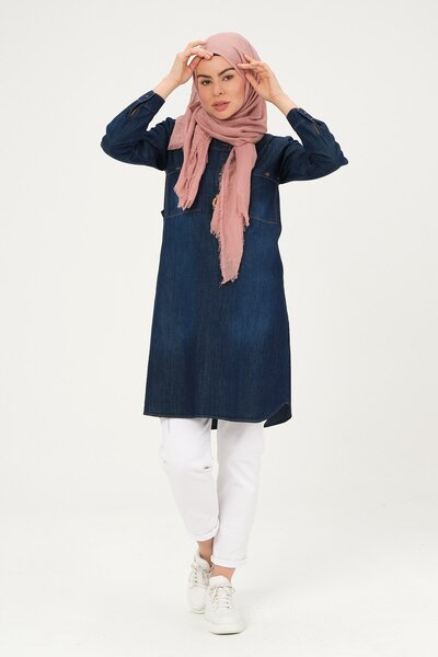 BUSA Giyim Önden Cepli Tesettür Kot Tunik Mavi