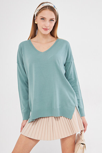 armonika Women's Turquoise V-Neck Front Short Rear Long Knitwear Sweater ARM-22Y012013