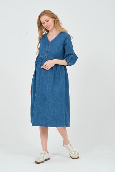BUSA Rochie de denim cu mâneci cu fermoar cu rever de maternitate, lungime midi, albastră
