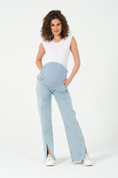 BUSA Maternity Stretchy Tummy Banded Wide Leg Adjustable Waist Jeans Stone Blue