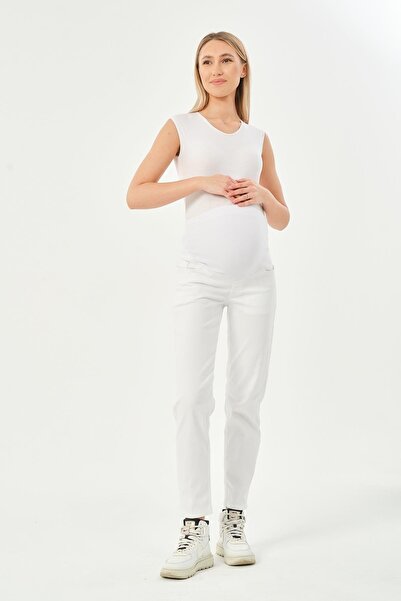 BUSA Maternity Flexible Abdomen Banded Adjustable Waist Mom Fit Jeans White