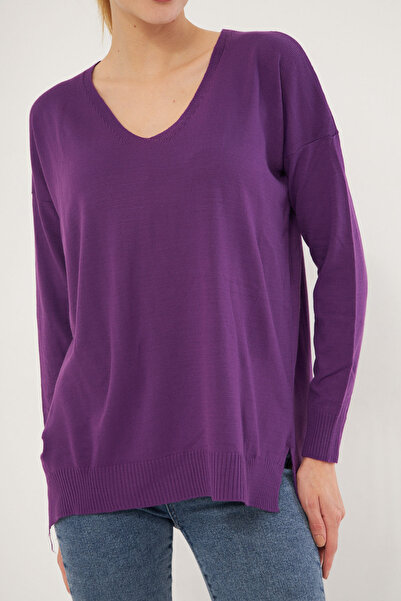armonika Women's Purple V-Neck Front Short Rear Long Knitwear Sweater ARM-22Y012013