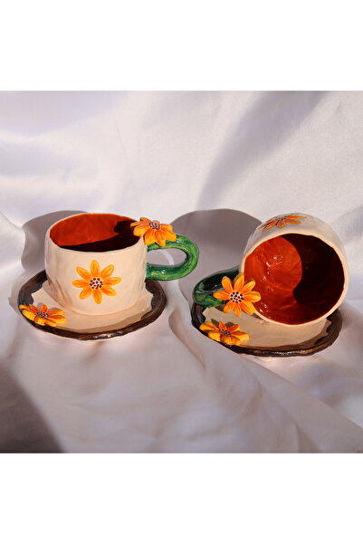 Lily & Loly Ceramics طقم كوب سيراميك مكون من قطعتين - قهوة تركية، نمط زهور وم...