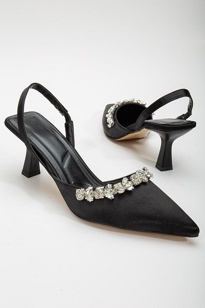 Dilimler Ayakkabı Satin Stoned Symmetric Cut Black Short Heeled Women's Evening Dress Shoes