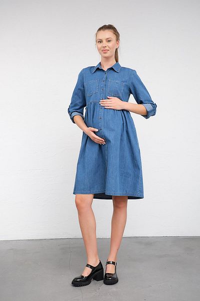 BUSA Rochie albastră de maternitate midi din denim - mânecă pliabilă și detaliu cu nasturi în față