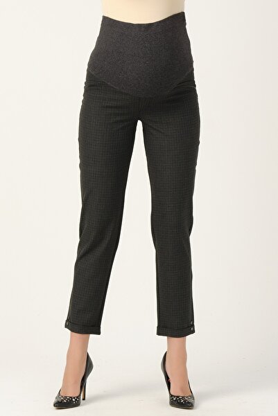 BUSA Hamile Gabardin Pantolon Kare Çizgili Desen Mode Gri