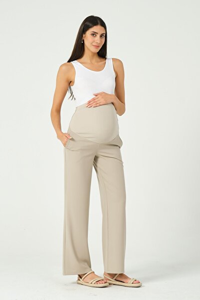 BUSA Pregnant Flexible Abdominal Banded Waist Adjustable Wide Leg Gabardine Trousers Beige