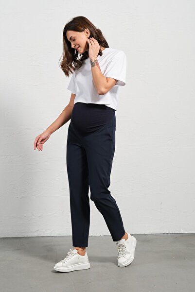 BUSA Pregnant Flexible Abdominal Banded Waist Adjustable Mom Fit Classic Gabardine Trousers Navy Blue