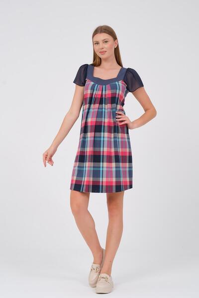 BUSA Hamile Kısa Kollu Ekose Şifon Detaylı Elbise Pembe