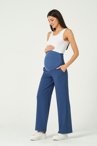 BUSA Pantaloni din Gabardina Albastra - Insarcinata, Banda Abdominal Flexibila si Picior Lat