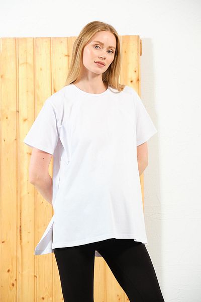 BUSA White Oversize Combed Cotton T-Shirt - Maternity Zipper, Breastfeeding Detail, Short Sleeve, Crew Neck