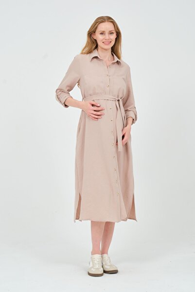 BUSA Μίντι φόρεμα εγκυμοσύνης σε χρώμα βιζόν - γιακάς πουκαμίσου και μπροστινή τσέπη