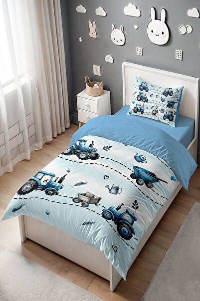 EVPANYA Mavi Traktör Desenli Tek Kişilik Bebek Çocuk Nevresim Seti