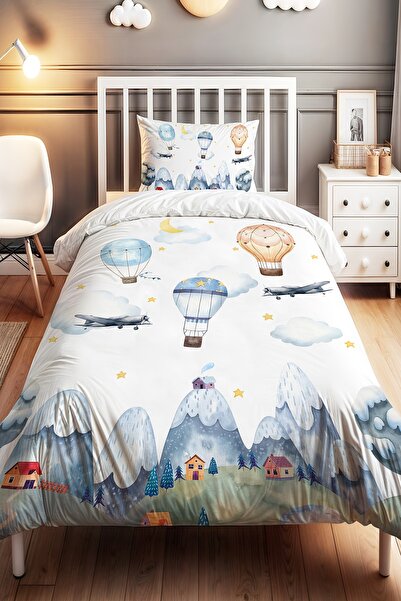 EVPANYA Dağın Üstündeki Uçan Balonlar Desenli Tek Kişilik Bebek Çocuk Nevresi...