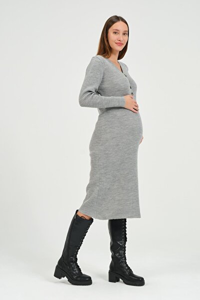 BUSA Hamile Midi Boy V Yaka Düğmeli Triko Elbise Gri