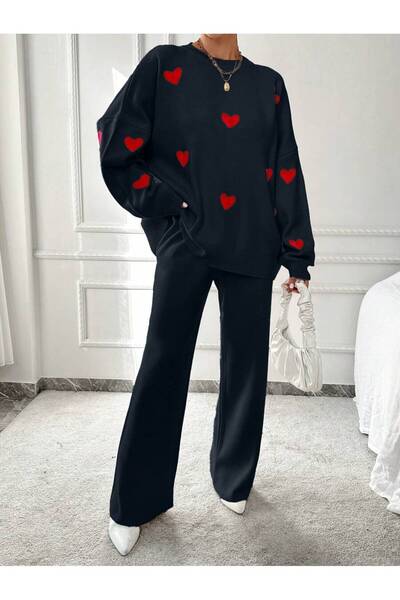 Bengi Clothing Women's Heart Embroidery Detail Oversize Cut Knitwear Sweater Trousers Double Set