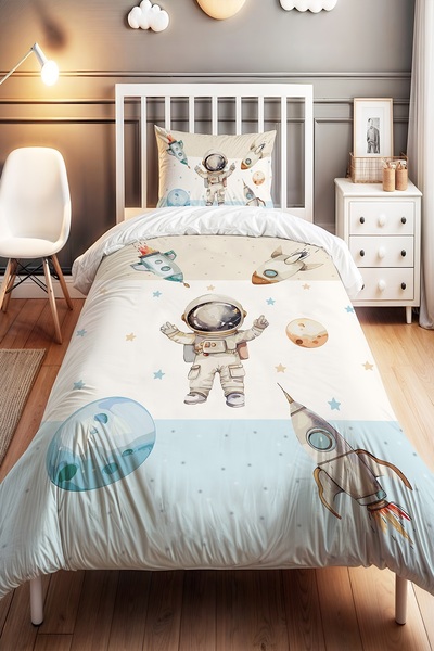 EVPANYA Mavi Krem Yıldızlı Eğlenceli Astronot Desenli Tek Kişilik Bebek Çocuk...