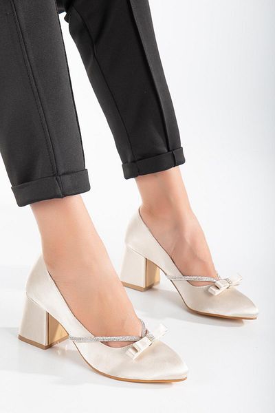 Dilimler Ayakkabı Bow Stone Detailed Satin Skin Large Size Women's Shoes Heels