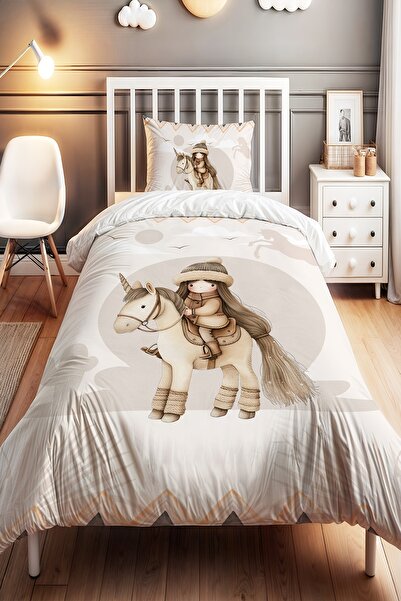 EVPANYA Atlı Minik Kız Desenli Tek Kişilik Bebek Çocuk Nevresim Seti