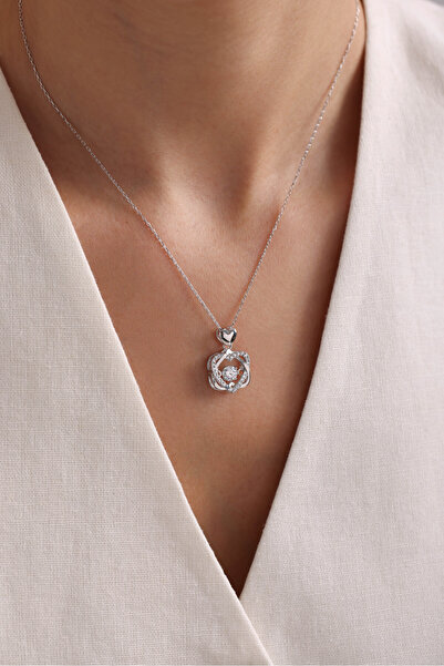 Nereze 925 Ayar Gümüş Rodyum Kaplama Hareketli Minik Taşlı Çift Kalpli Model Kolye