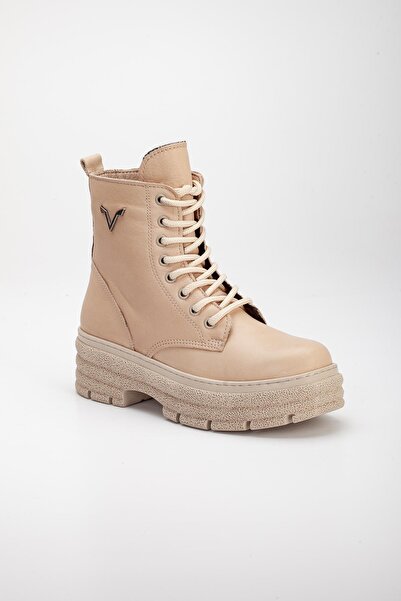 Dilimler Ayakkabı Γνήσιες δερμάτινες γυναικείες μπότες με χοντρή σόλα με κορδόνια σε μπεζ χρώμα