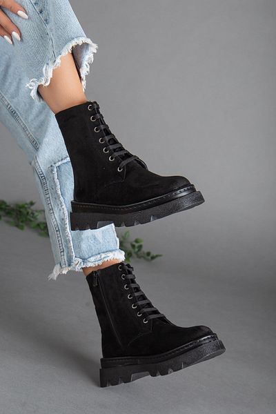 Dilimler Ayakkabı Suede Tied Sole Stitched Black Women's Boots