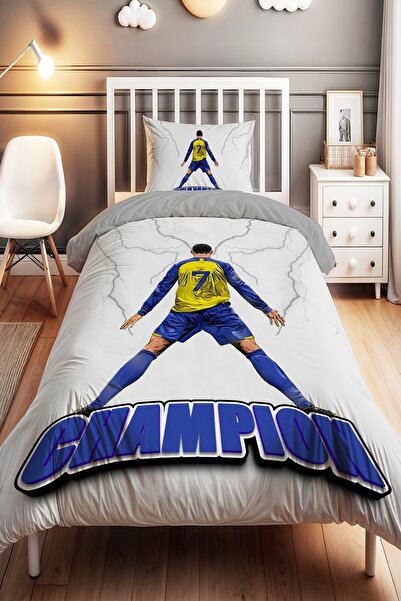 EVPANYA Şampiyon Futbolcu Desenli Tek Kişilik Bebek Çocuk Nevresim Seti